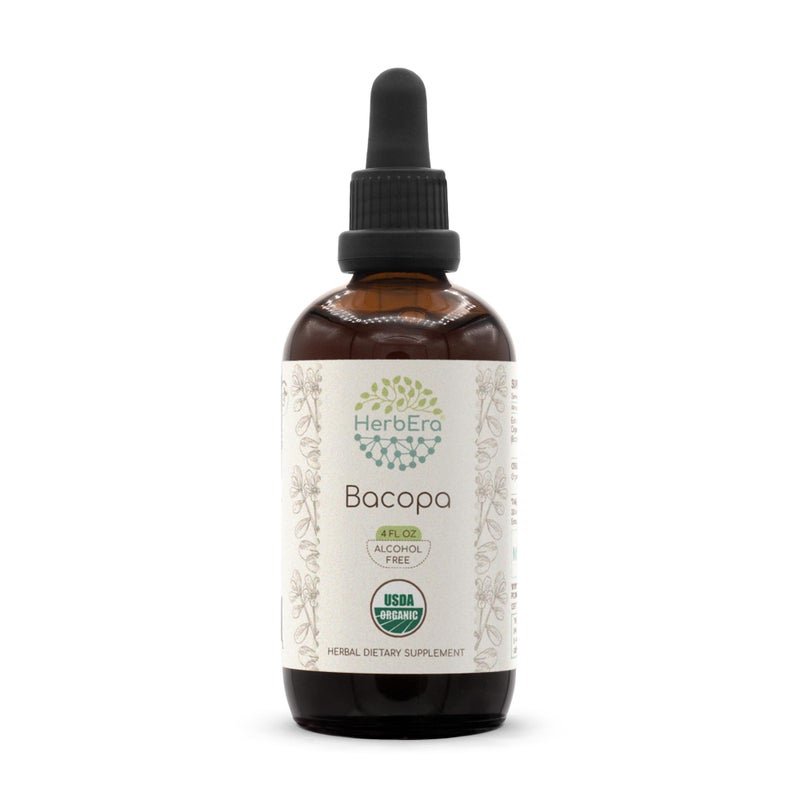 HerbEra Bacopa B120 USDA Organic Tincture AlcoholFree Extract HighPotency Herbal Drops Relaxation Positive Cognitive Effect Certified Organic Bacopa Bacopa Monnieri Dried Herb 4 fl oz